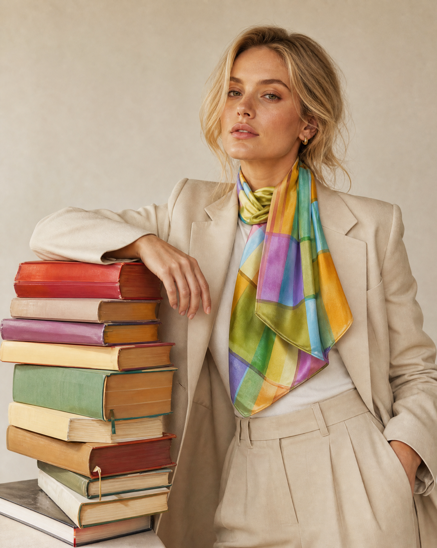 A woman in a beige blazer and matching trousers wears a vibrant multicolor striped scarf, leaning on a stack of colorful books against a neutral beige background.