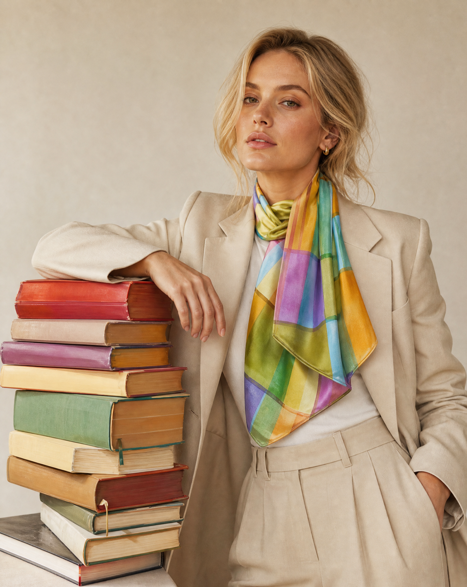 A woman in a beige blazer and matching trousers wears a vibrant multicolor striped scarf, leaning on a stack of colorful books against a neutral beige background.