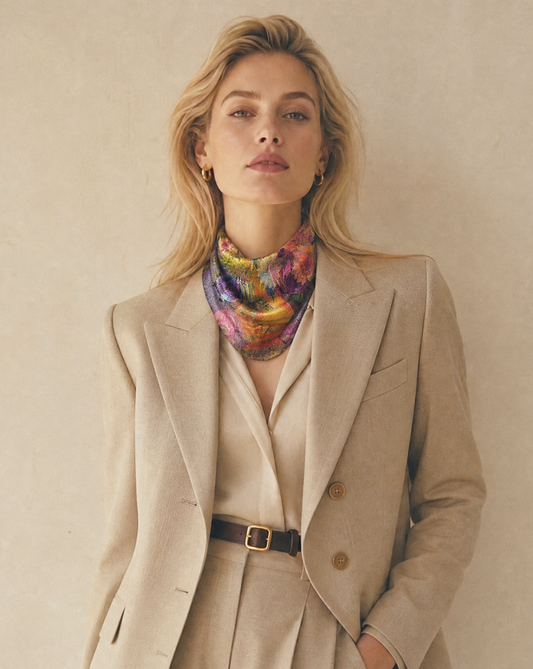 A woman modeling a beige double-breasted suit with a matching shirt and trousers, accessorized with a colorful patterned scarf and a dark brown belt, set against a textured beige background.
