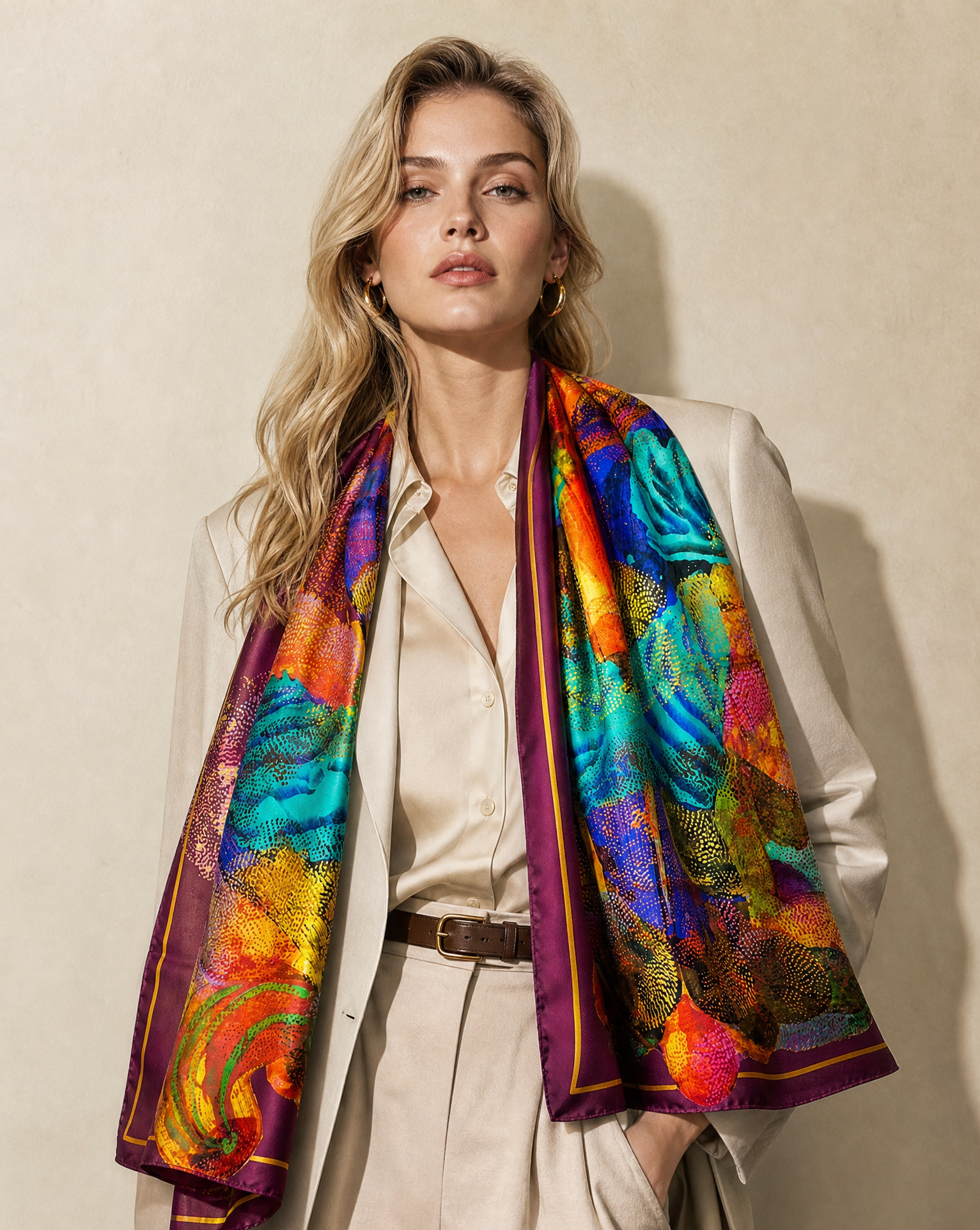 A woman models a vibrant, multicolored silk scarf with abstract and floral patterns, styled over a beige satin blouse and blazer against a textured beige wall.