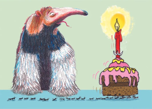 Cartoon penguin looking at a cake with a lit candle on a light green background