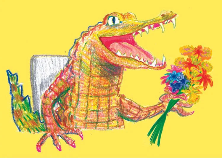 Colorful cartoon alligator holding flowers on a yellow background