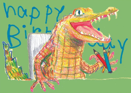 Colorful crocodile with birthday card text on a green background