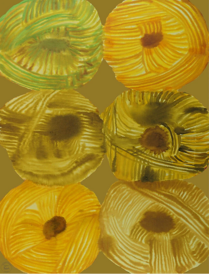 Pattern of yellow yarn in the form of round balls, on a dark yellow, beige background.