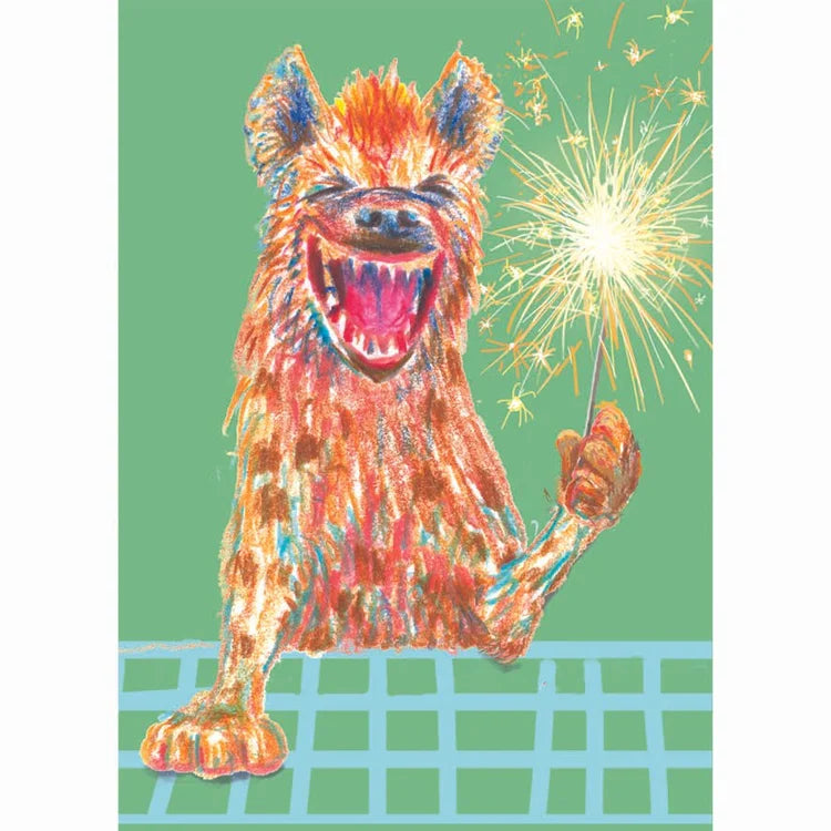 Colorful dog illustration holding a sparkler on a green background