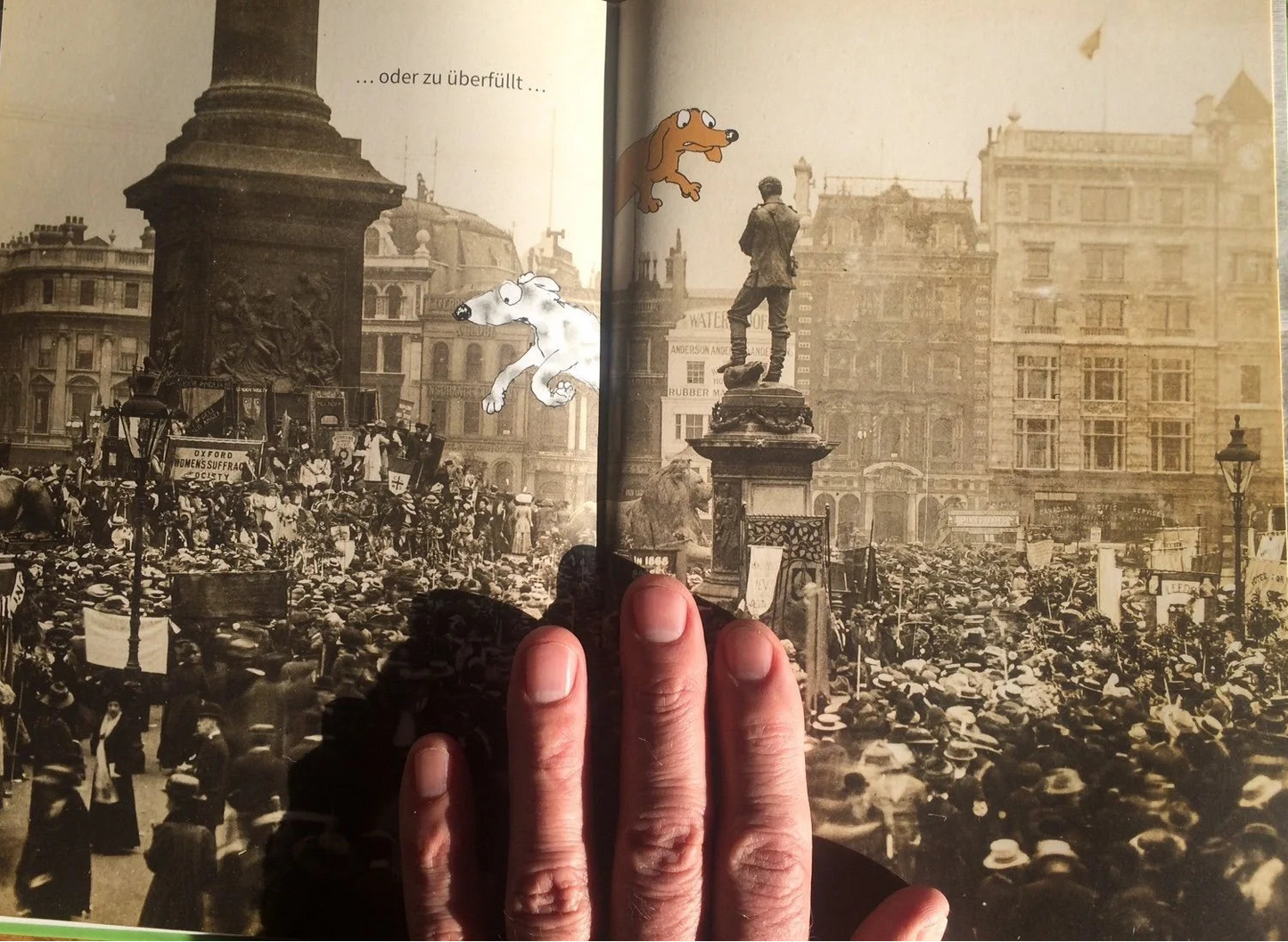 Open book showing a historical city scene with a statue and crowd, featuring cartoon characters.