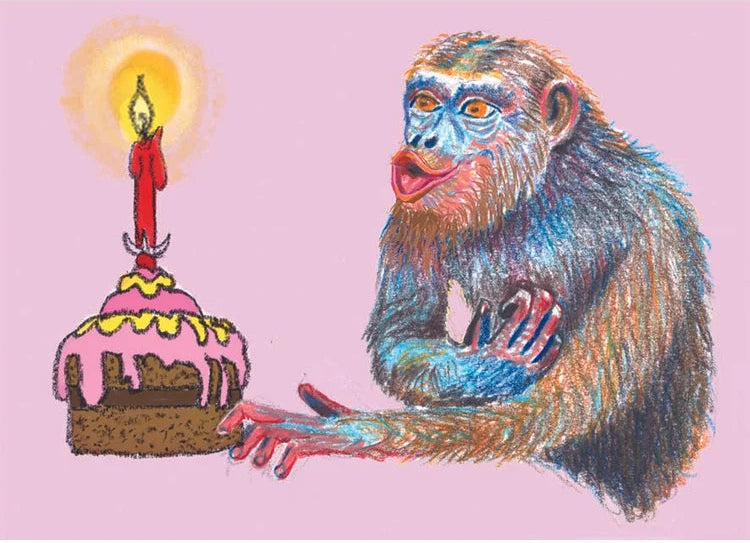 Colorful illustration of a monkey reaching for a birthday cake with a candle on a pink background
