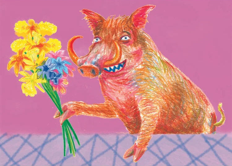 Colorful illustration of a boar holding flowers on a pink background