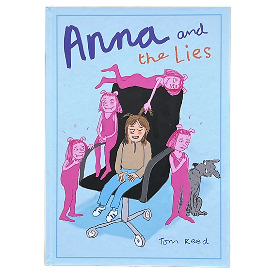 Book cover of 'Anna and the Lies' with illustrations and text on a blue background