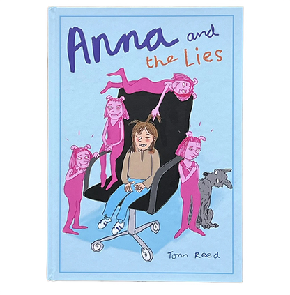 Book cover of 'Anna and the Lies' with illustrations and text on a blue background