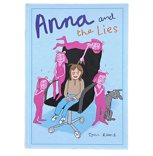 Book cover of 'Anna and the Lies' with illustrations and text on a blue background