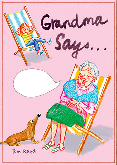 Illustrated book cover titled 'Grandma Says' with a grandmother, dog, and child on a deck chair.