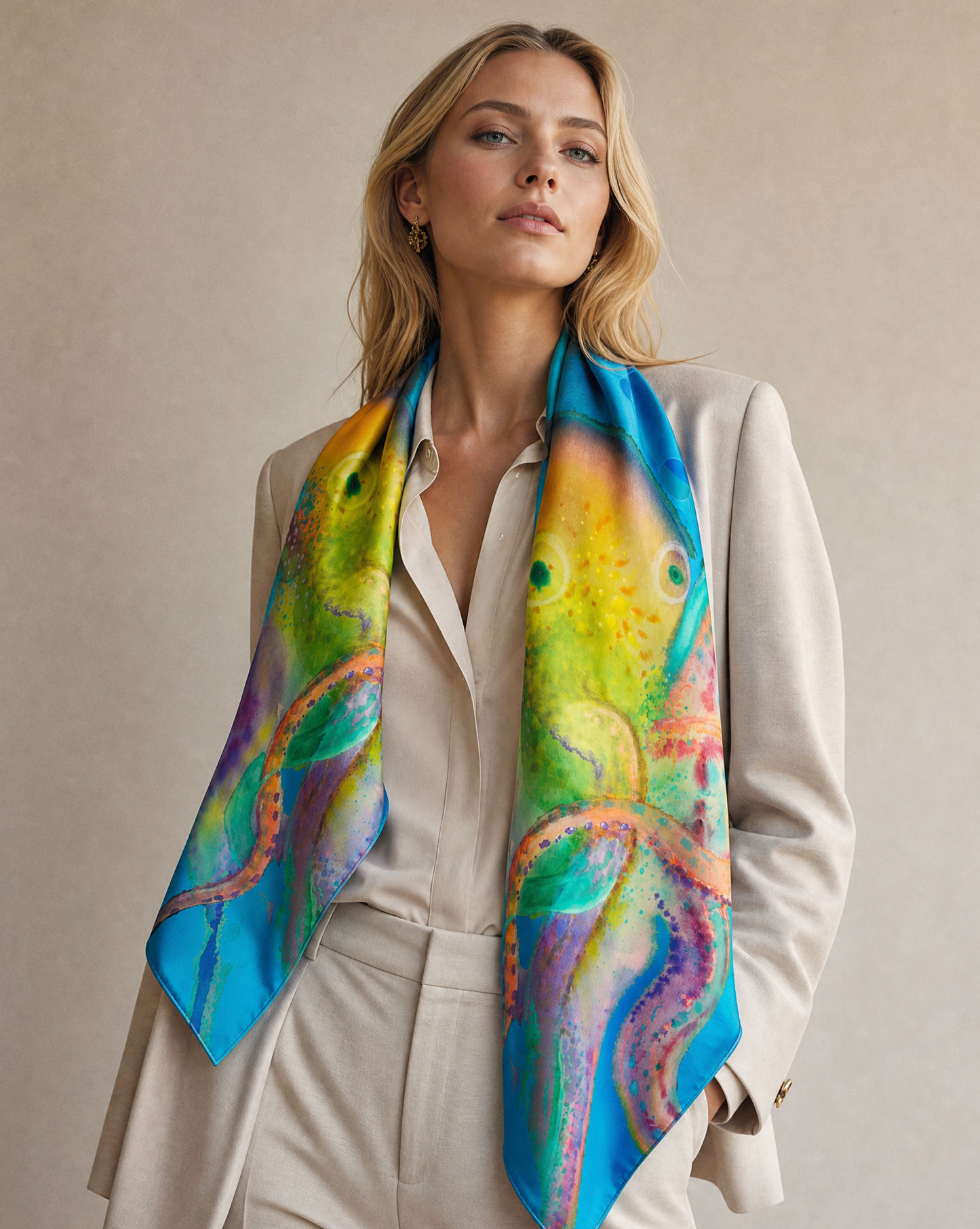 A woman wearing a cream-colored blazer and trousers, draped with a vibrant silk scarf featuring a colorful octopus illustration in shades of blue, green, yellow, and pink, set against a neutral beige background.
