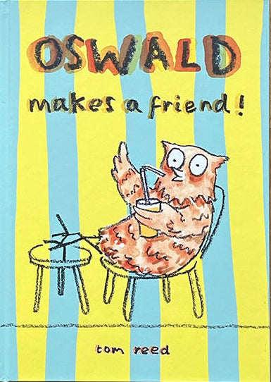 Book cover of 'Oswald Makes a Friend!' with a cartoon cat on a striped background